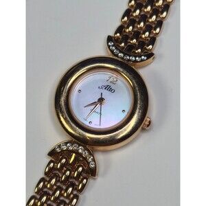 Alto Ladies Quartz Watch Gold Tone Crystal Accents Mother of Pearl Dial 6.5"